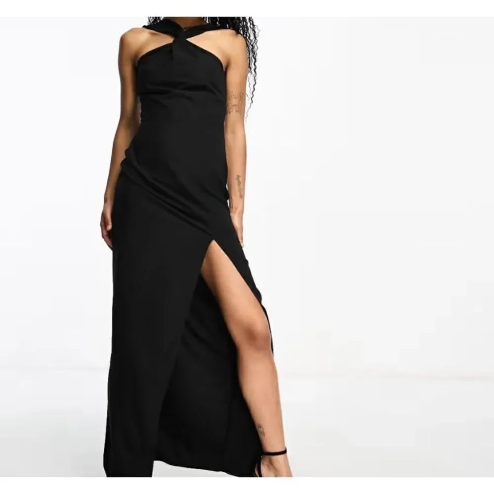 Vesper petite bengaline twist, front black halter neck, maxi dress, size 12